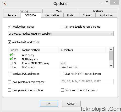 SoftPerfect Network Scanner's Additional options window