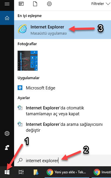 windows 10 da internet explorer nasıl açılıyor
